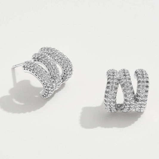 14K Gold Dipped CZ Stone Paved Triple Row Half Hoop Small Earrings