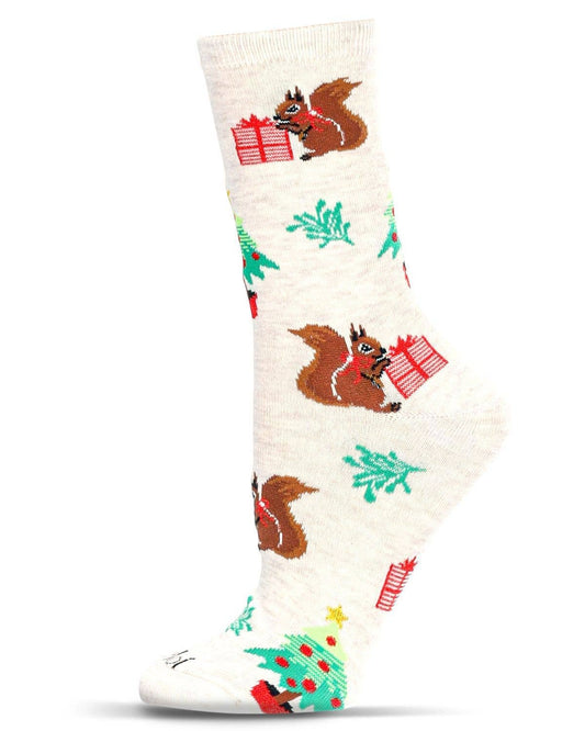 Women's Squirrels Holiday Crew Socks: Oatmeal Heather / 9-11