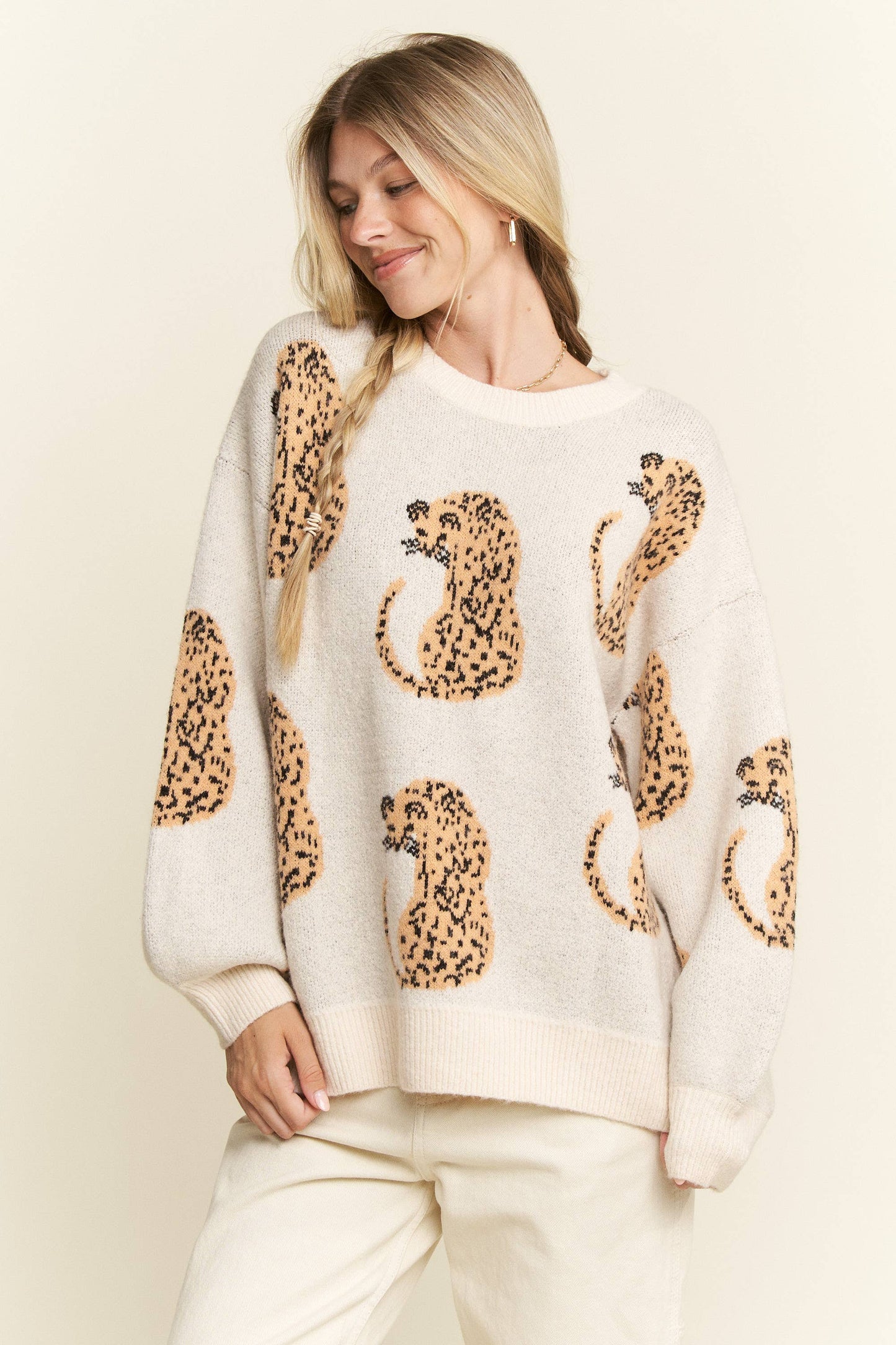 CHEETAH CONTRAST TRIM LONG SLEEVE SWEATER