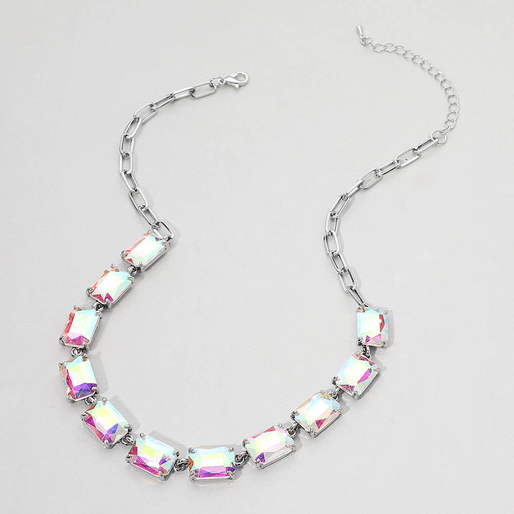 J21. Cushion Rectangular Stone Cluster Link Evening Necklace