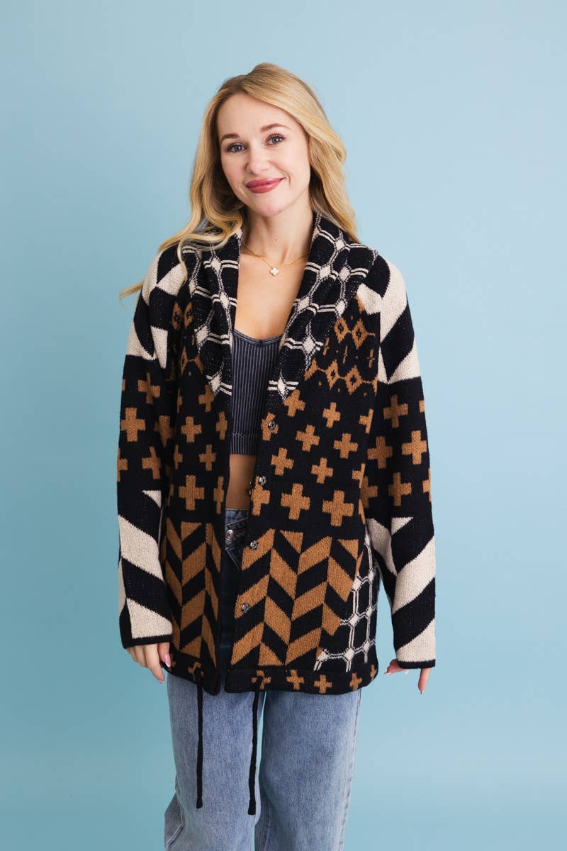 Sierra Spirit Geometric Street Style Knit Cardigan: Black