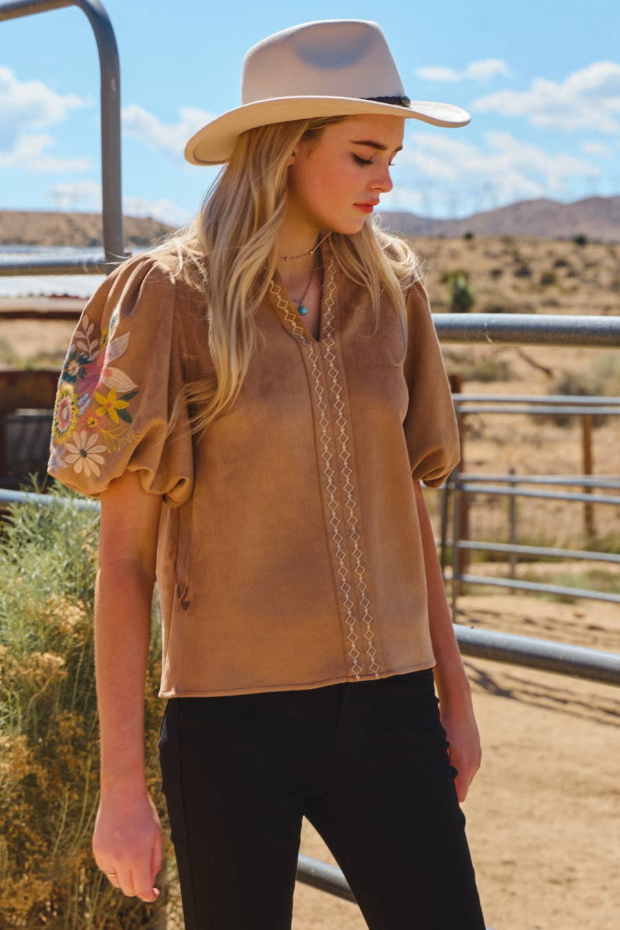 Faux Suede Puff Sleeve Top: Olive / M