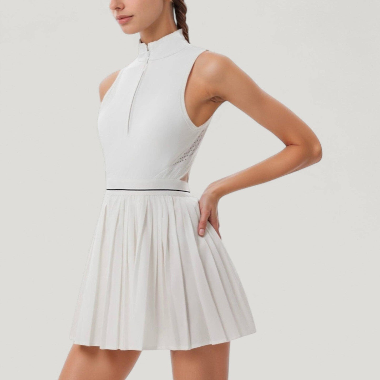 Sleeveless Zip Front High Neck Tennis Dress with Pleated Ski