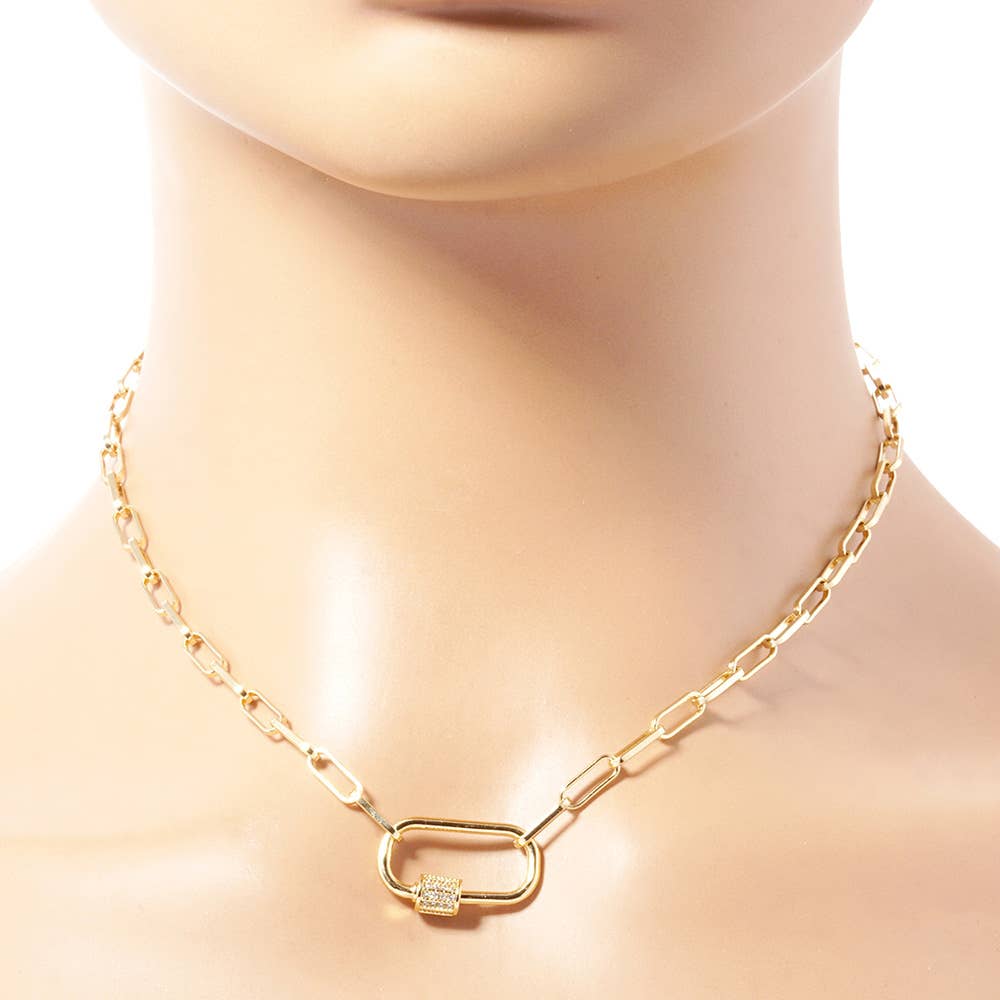 Gold Dipped CZ Carabiner Pendant Paperclip Chain Necklace: Silver