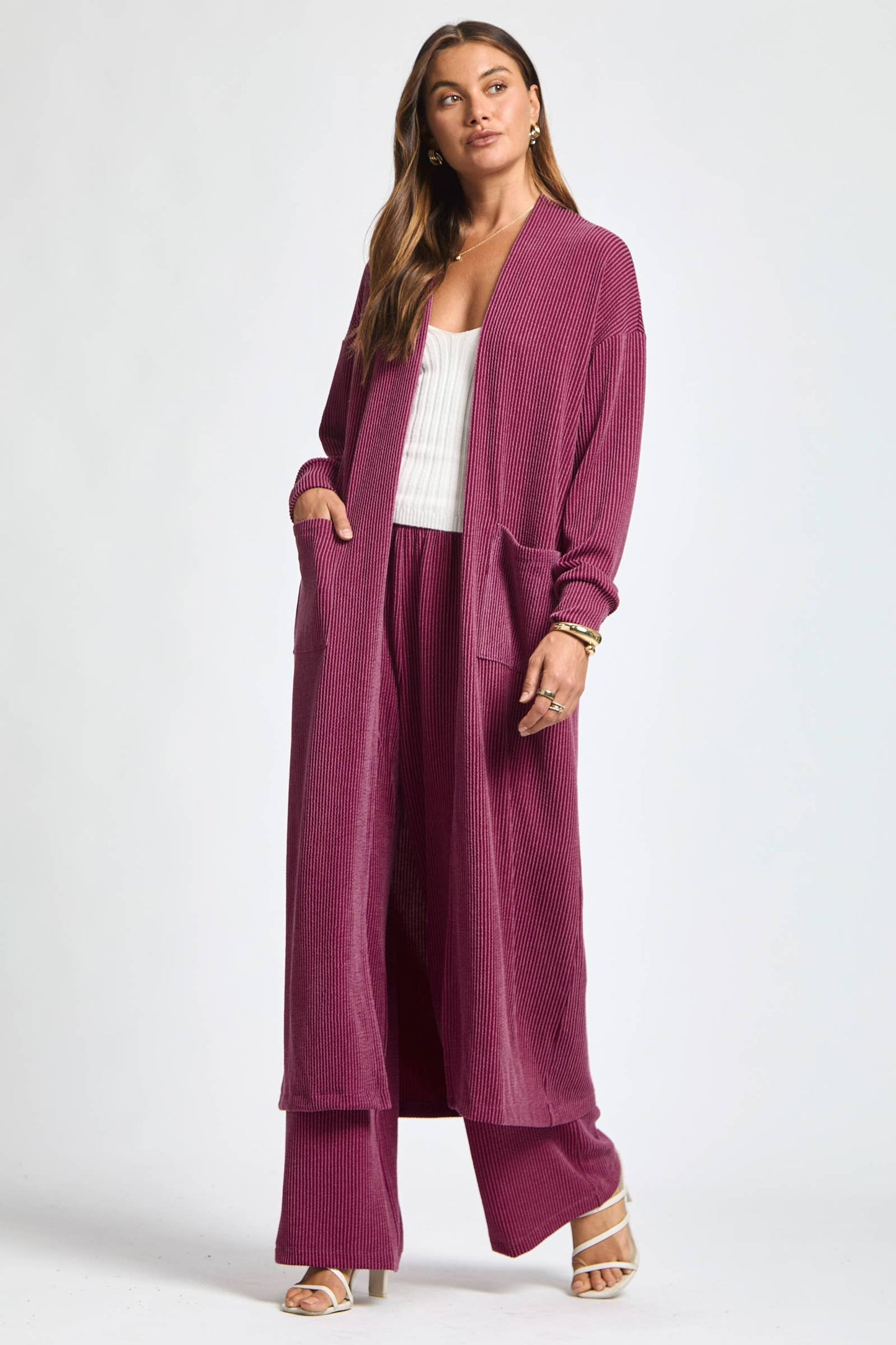 Longline Cardigan + Relaxed Pants 2 Piece: RED / M