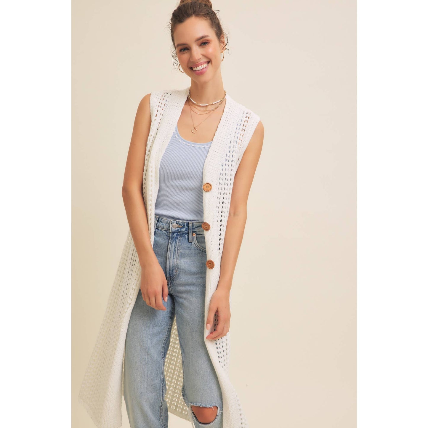 BUTTON-DOWN OPEN KNIT SLEEVELESS MIDI SWEATER CARDIGAN