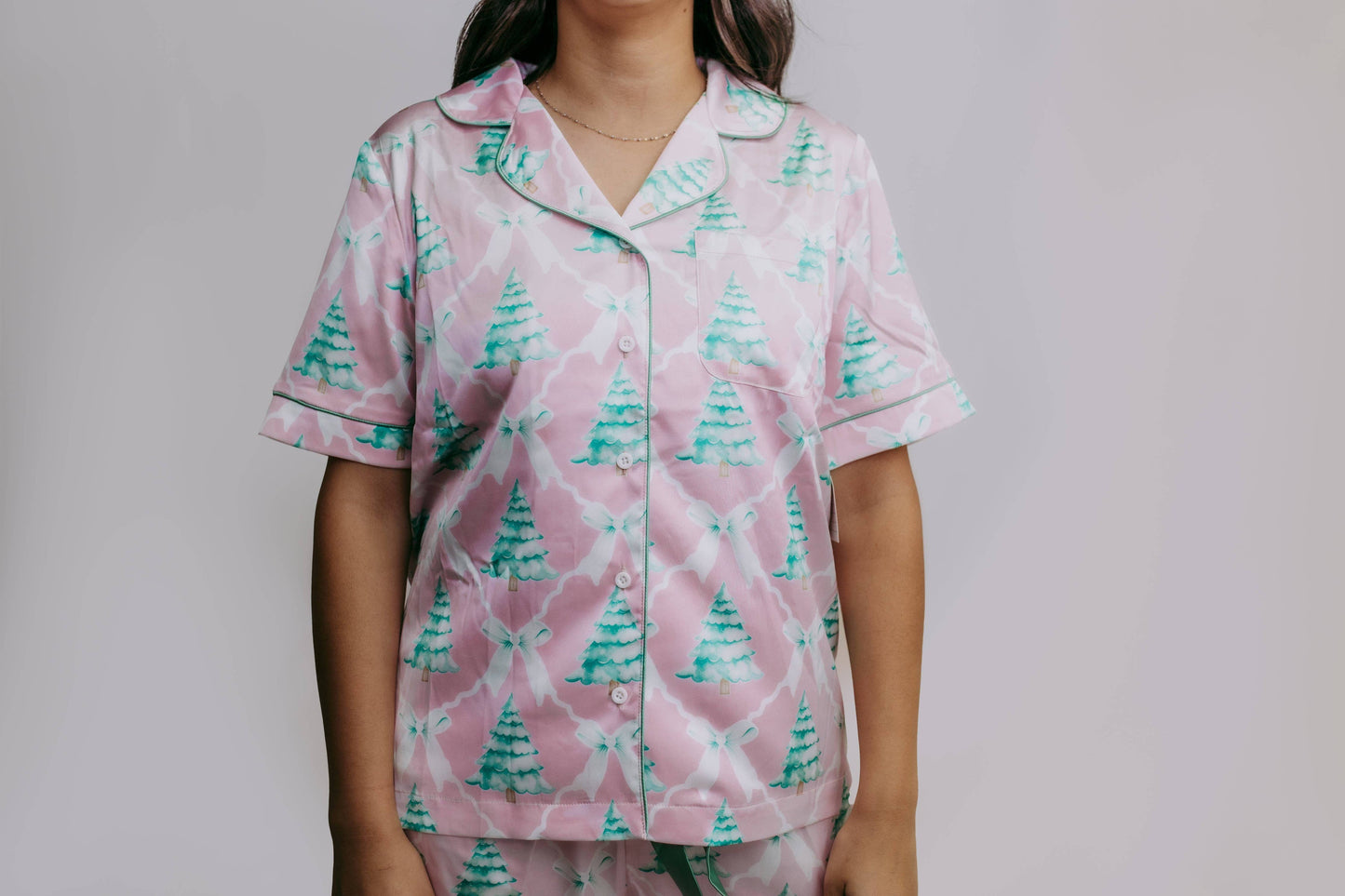 TZ27 Christmas Bows Satin Pajamas Shorts Set