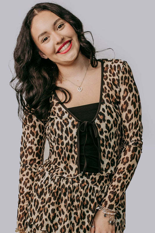MK684 Leopard Front tie Mesh Blouse