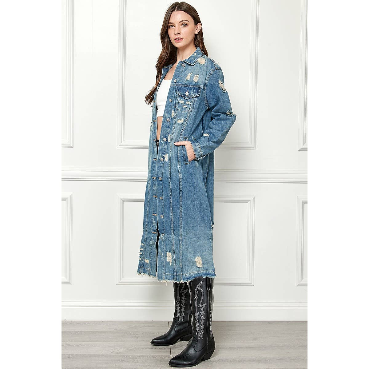 Distressed Long Denim Jacket: Med Wash / L