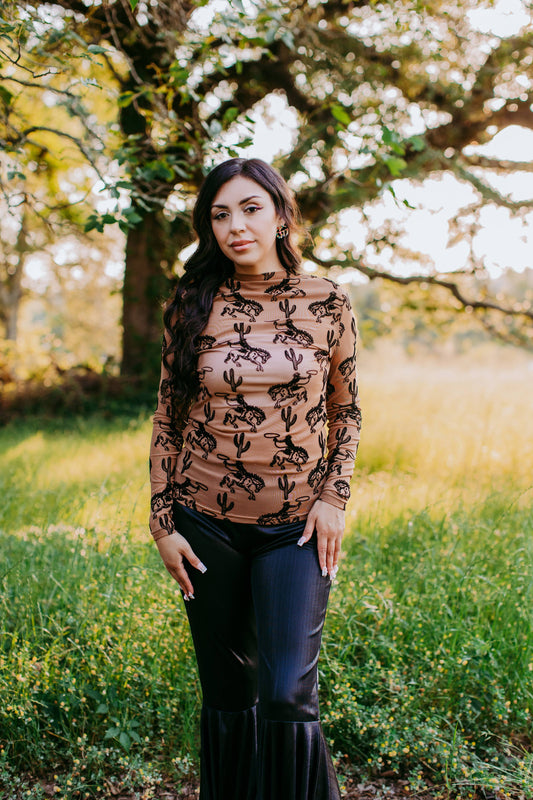 MK397 Velvet Cactus & Cowboys Mesh Top - Brown: Brown / M