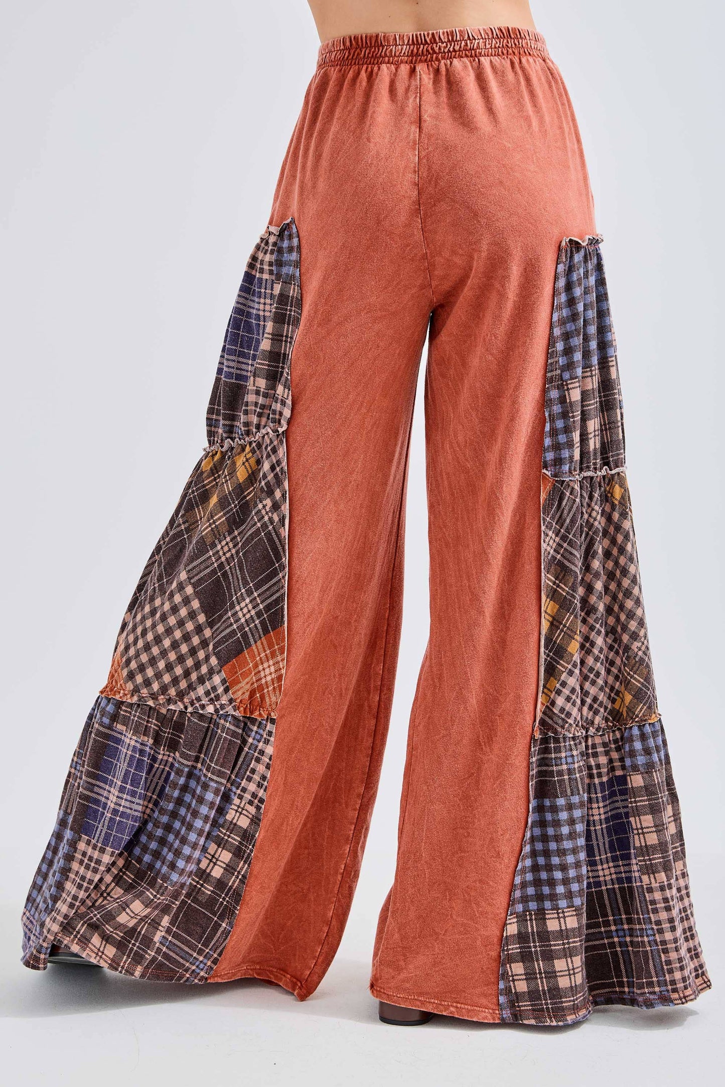 Mineral Washed Tiered Plaid Wide Flare pants HP6675: Olive / S-M-L / 2-2-2