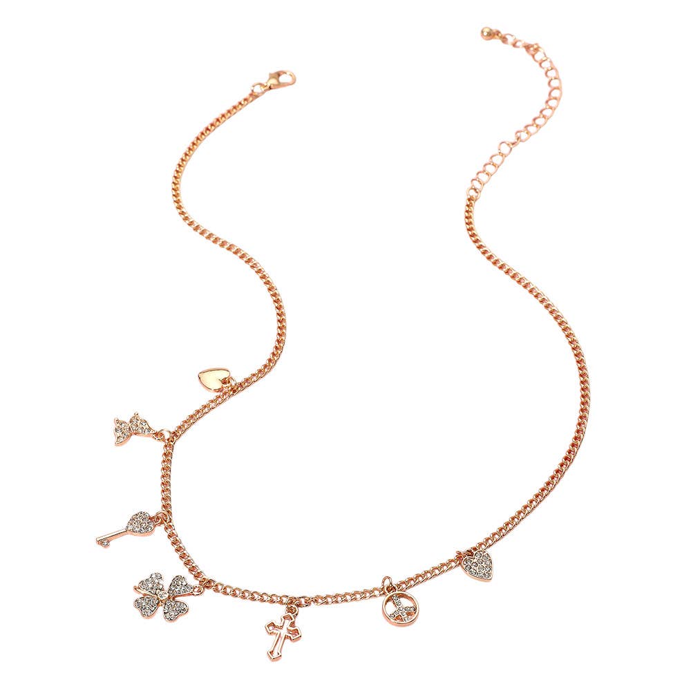 Gold Dipped Clover Heart Cross Key Charm Station Necklace: Clear,Rhodium