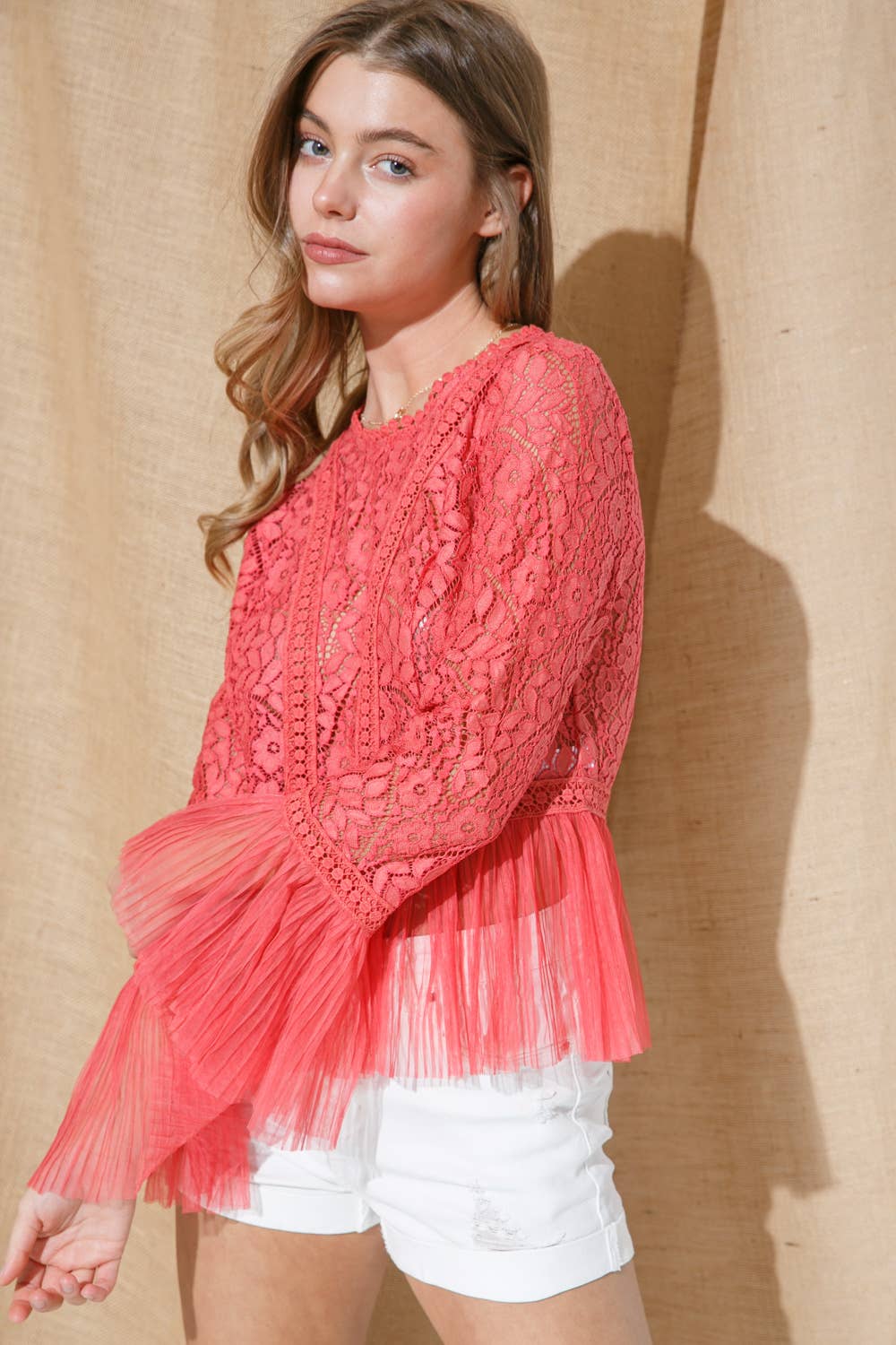 31767T - Lace Chiffon Contrast Accordion Pleated Blouse