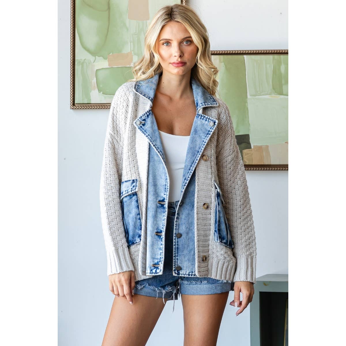 Knit Body Denim Layerd Jacket: Grey / Denim / S