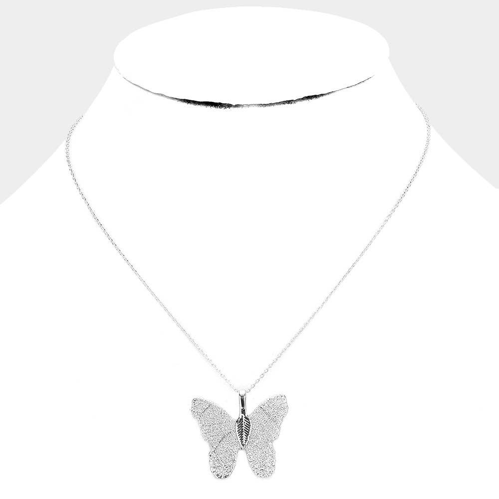 J14. Gold Dipped Textured Butterfly Pendant Necklace