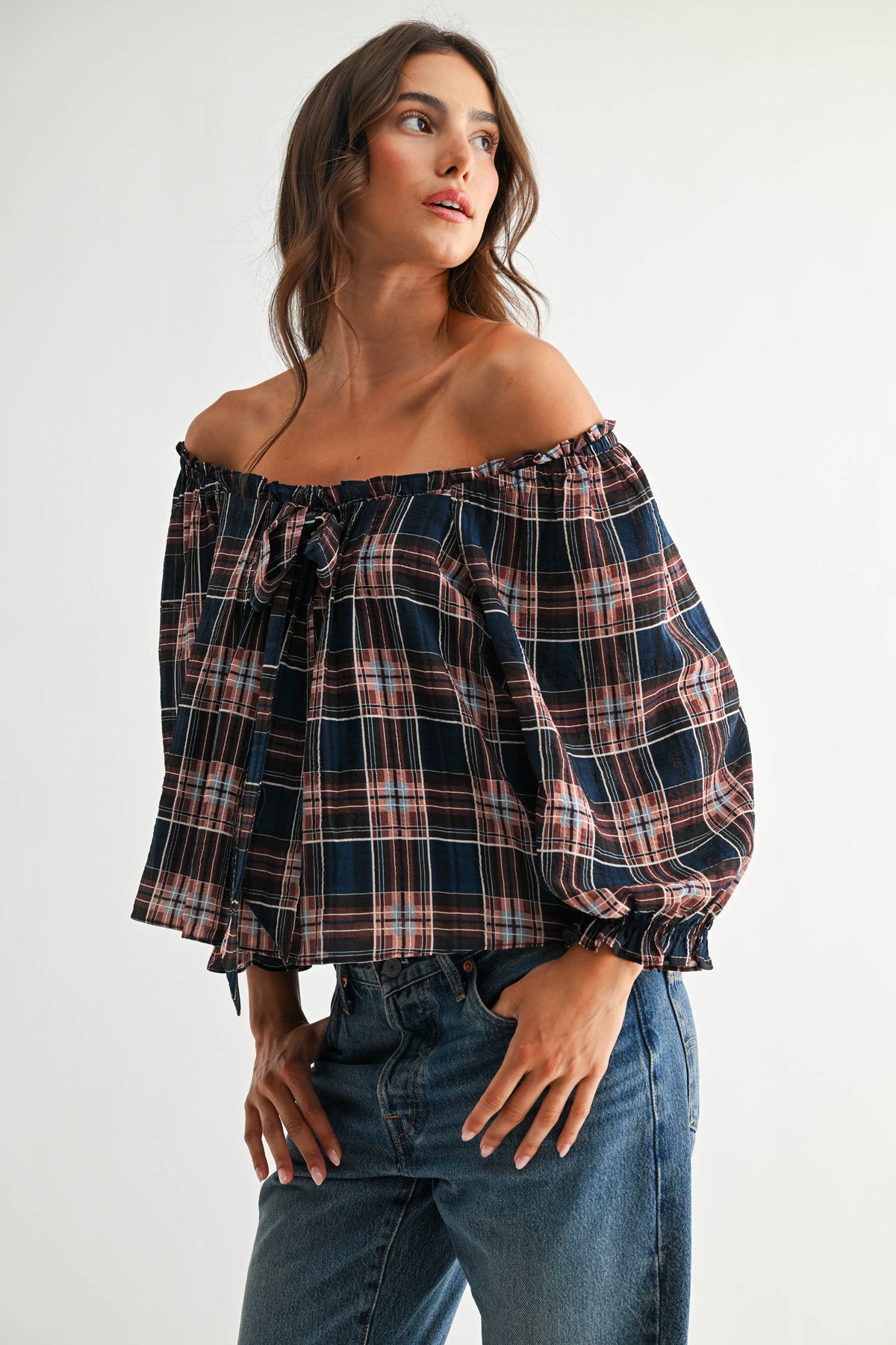 CET26536A Plaid Off-Shoulder Tie Top