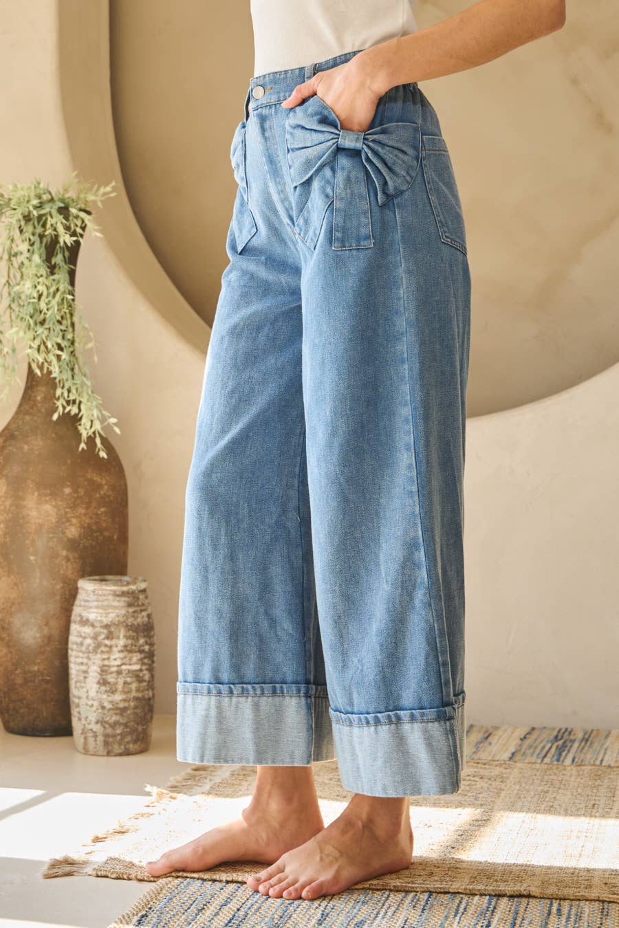 Washed Denim Wide Leg Pants: Washed Denim / S