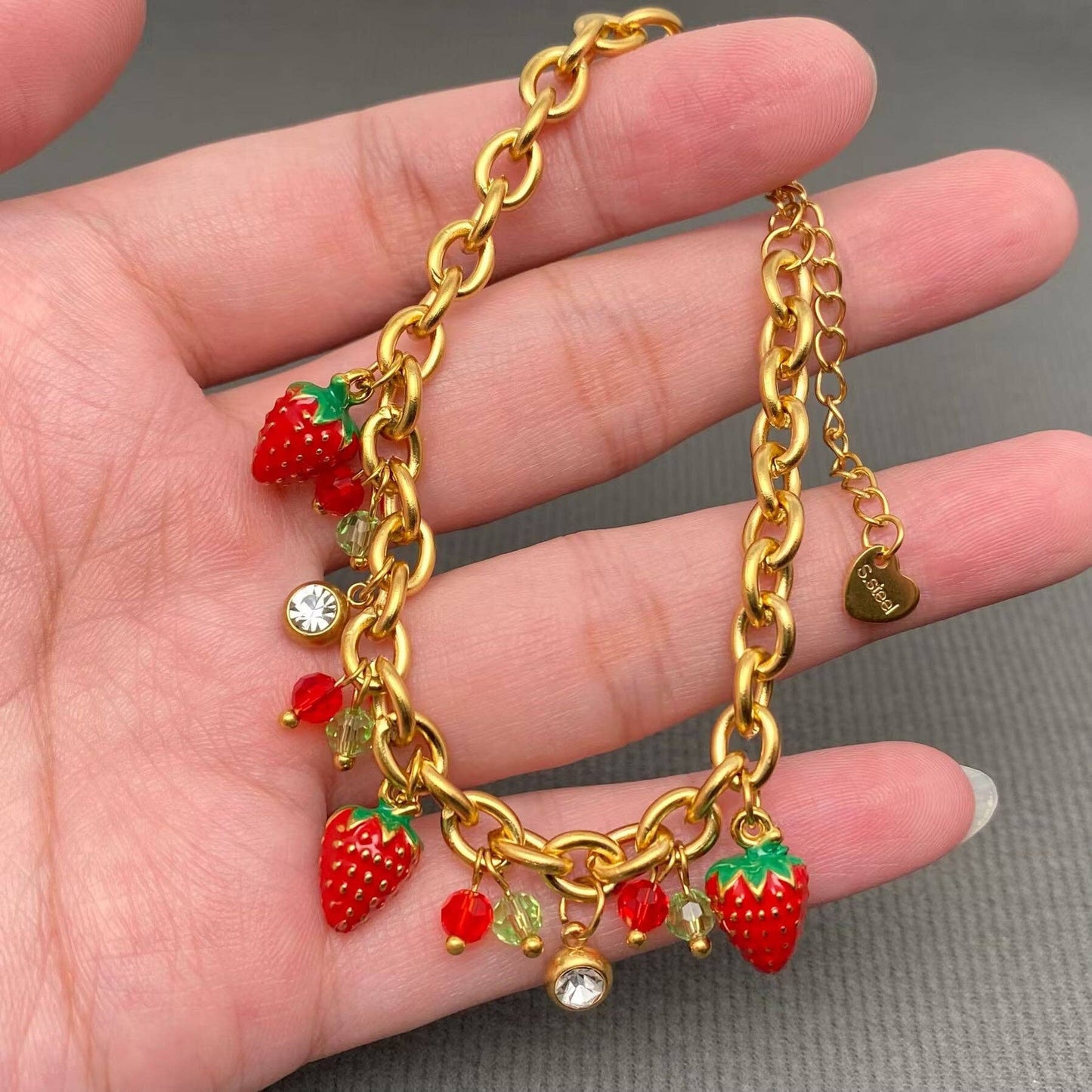 M24. Enamel Strawberry Charm 18K Gold Plated Bracelet