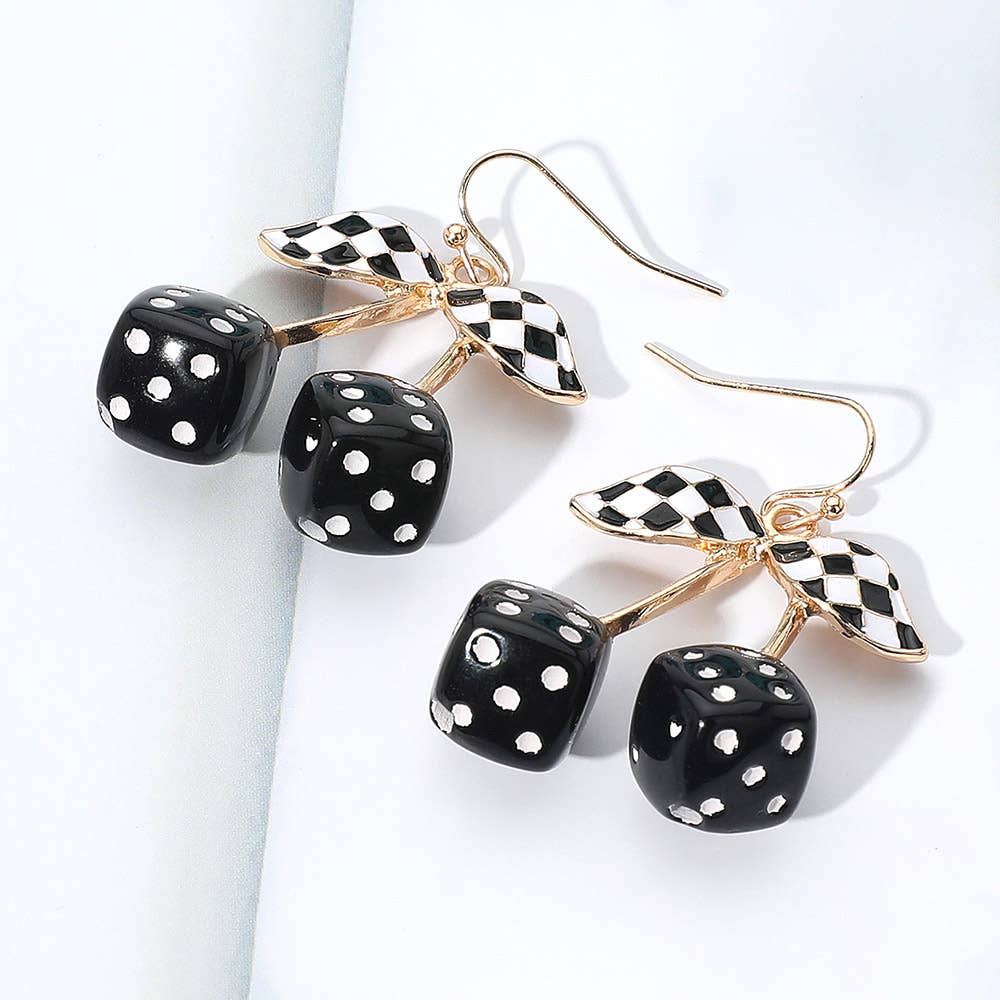 Enamel Retro Checkered Leaf Cherry Dice Dangle Earrings: Gold,Turquoise