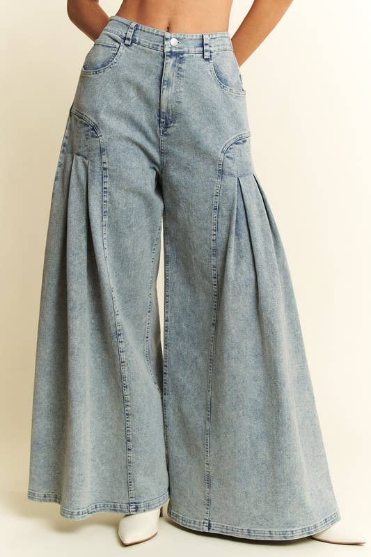 DENIM WIDE LEG FLARED PANTS: DENIM / L