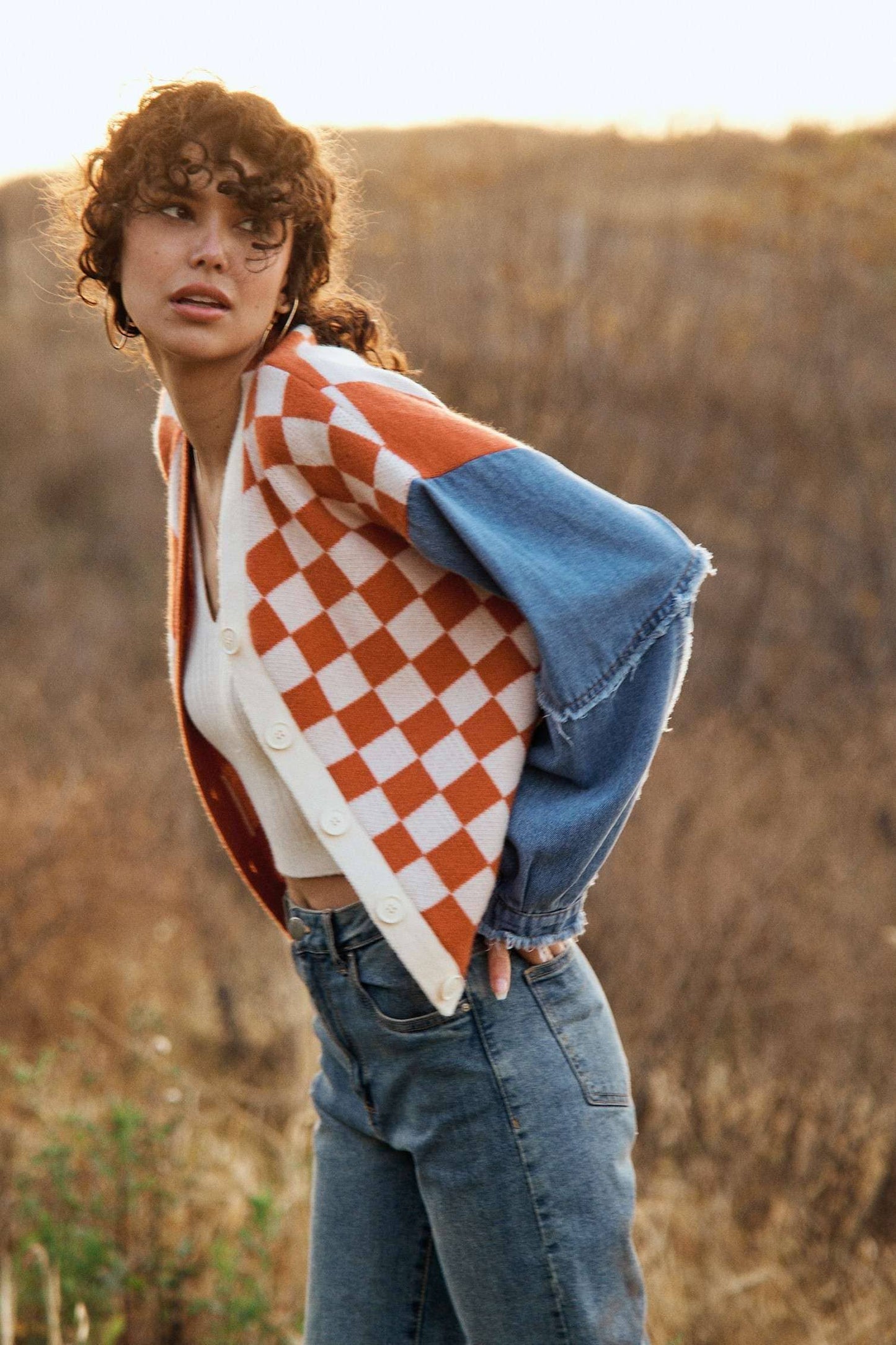 Checker Plaid Cardigan: Charcoal / S
