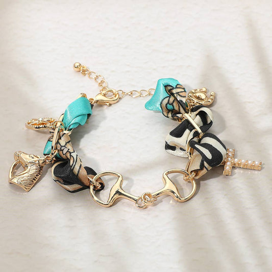 Horsebit Link Center Horse Horseshoe Pearl Cross Starburst Charm Station Fabric Bracelet: Gold,Turquoise