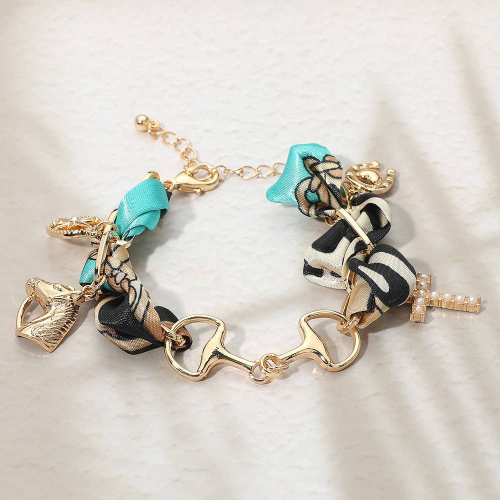 Horsebit Link Center Horse Horseshoe Pearl Cross Starburst Charm Station Fabric Bracelet: Gold,Red