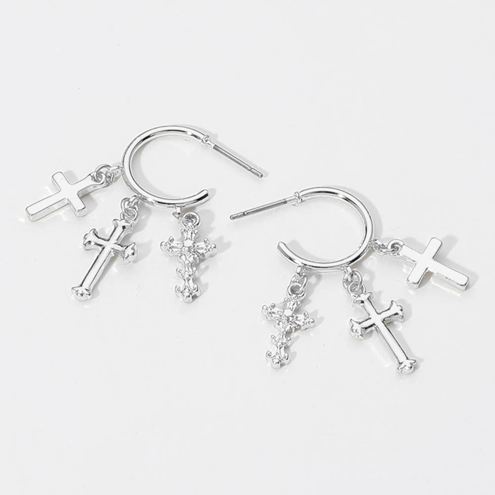 SECRET BOX_Sterling Silver Dipped Cross Charm Hoop Earrings