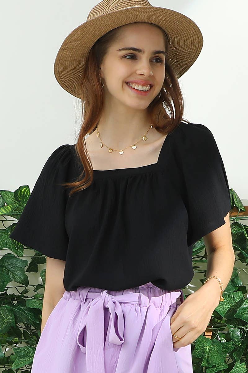 PLUS SQAURE NECK RUFFLE NECK SHORT SLEEVE BLOUSE