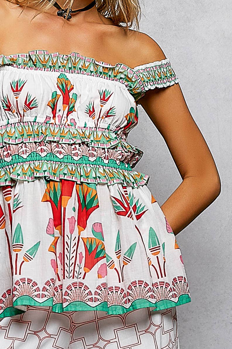 Square Neck Sleeveless Printed Ruffle Dress Woven Top