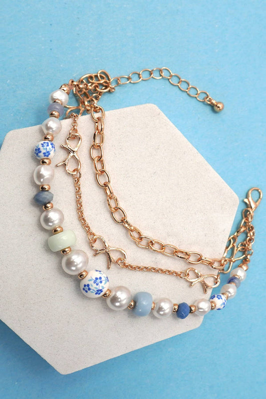 CERAMIC PORCELAIN PEARL BOW CHAIN BRACELET | 80B1372