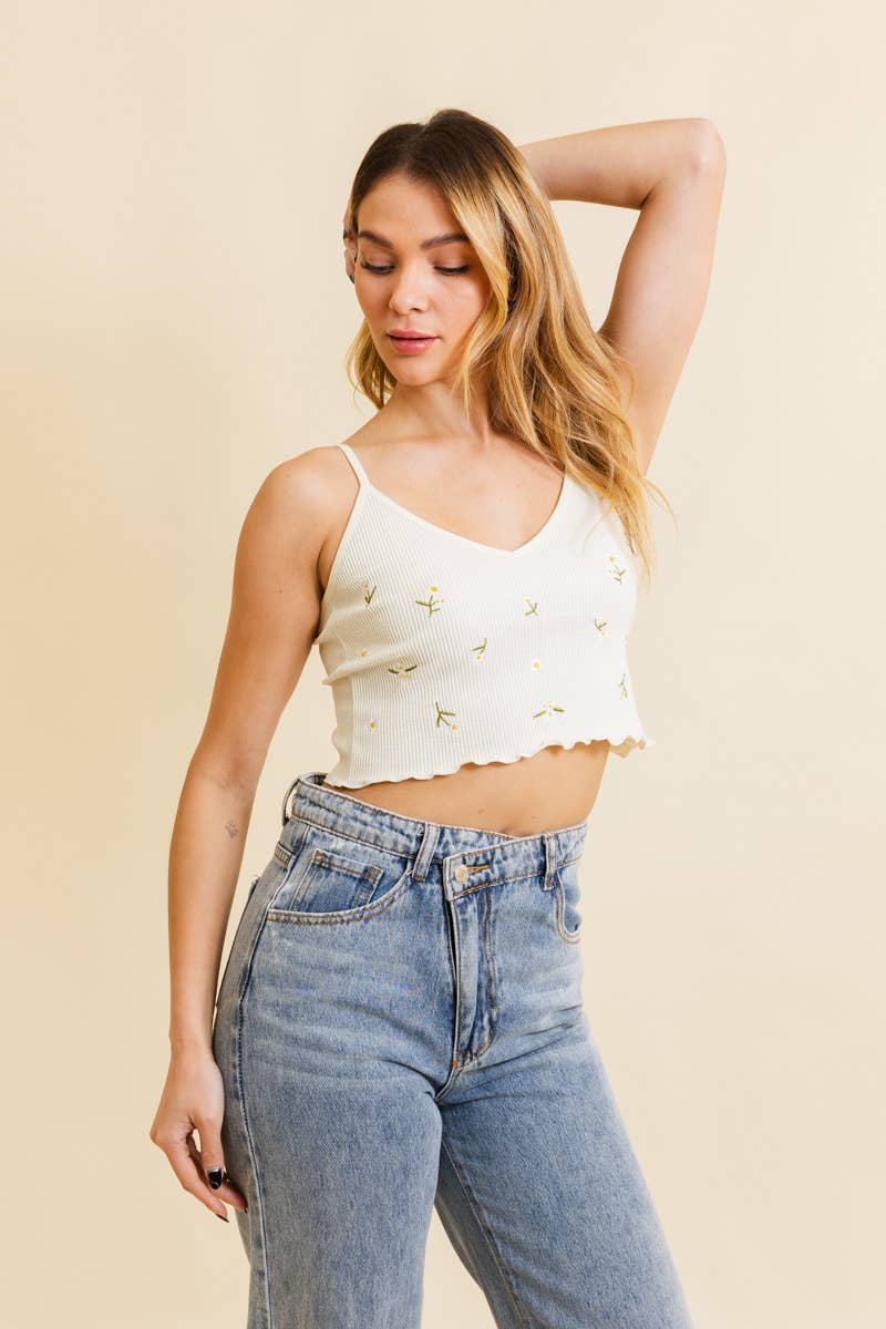 Daisy Embroidered Ribbed Lettuce Edge Brami