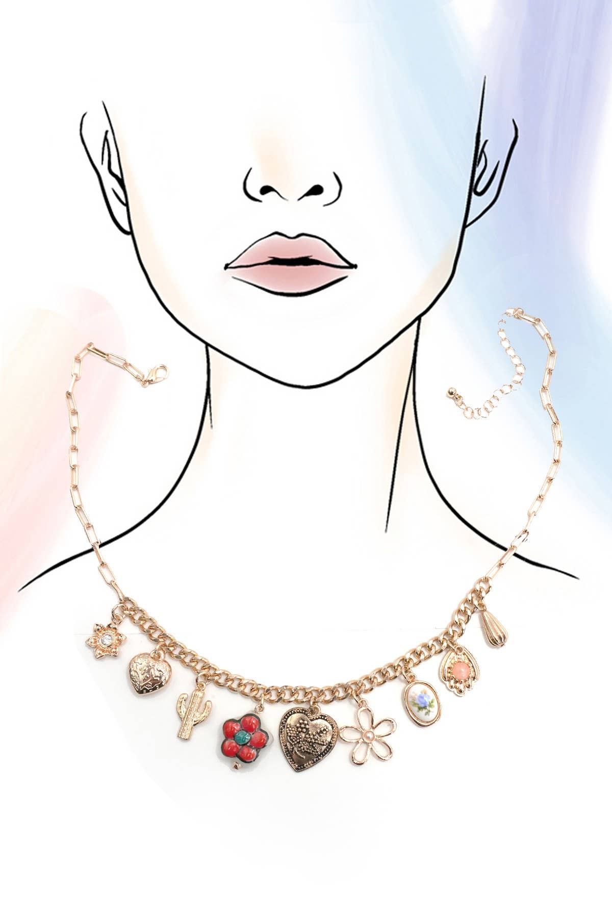 CHARM NECKLACE- BOHO PORCELAIN FLORAL CACTUS | 80N92249: GOLD
