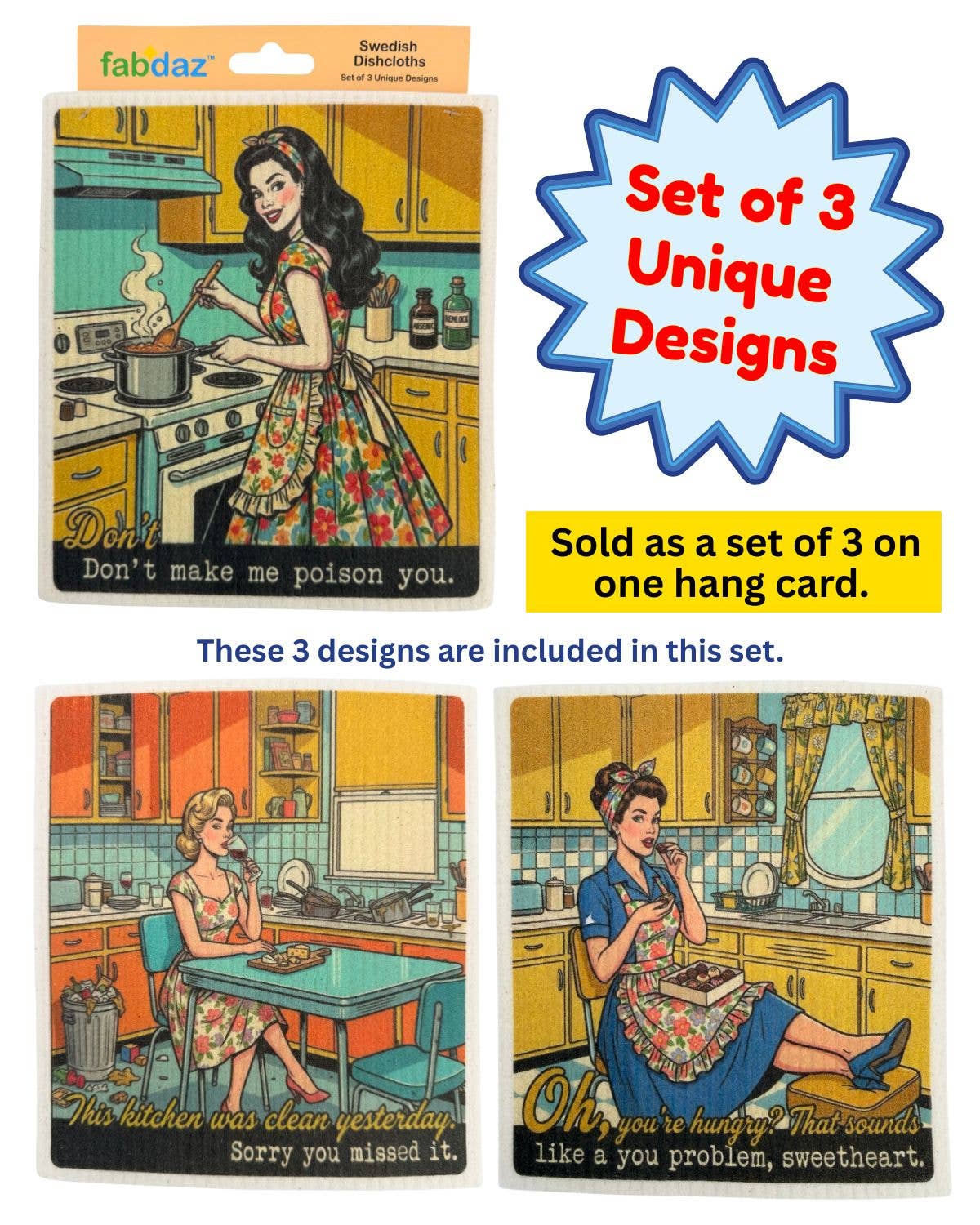 Kitchen Retro Wife - Set of 3 - Swedish Dishcloths