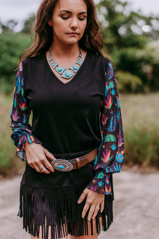 MK394 SUSIE V NECK MESH LONG SLEEVE TOP