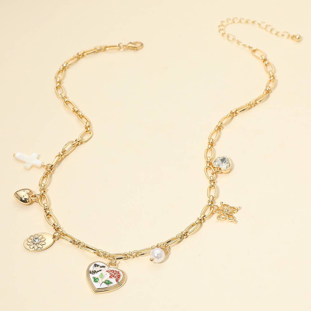 Butterfly Flower Enamel Detailed Heart Pendant Charm Station Necklace: Black,Gold