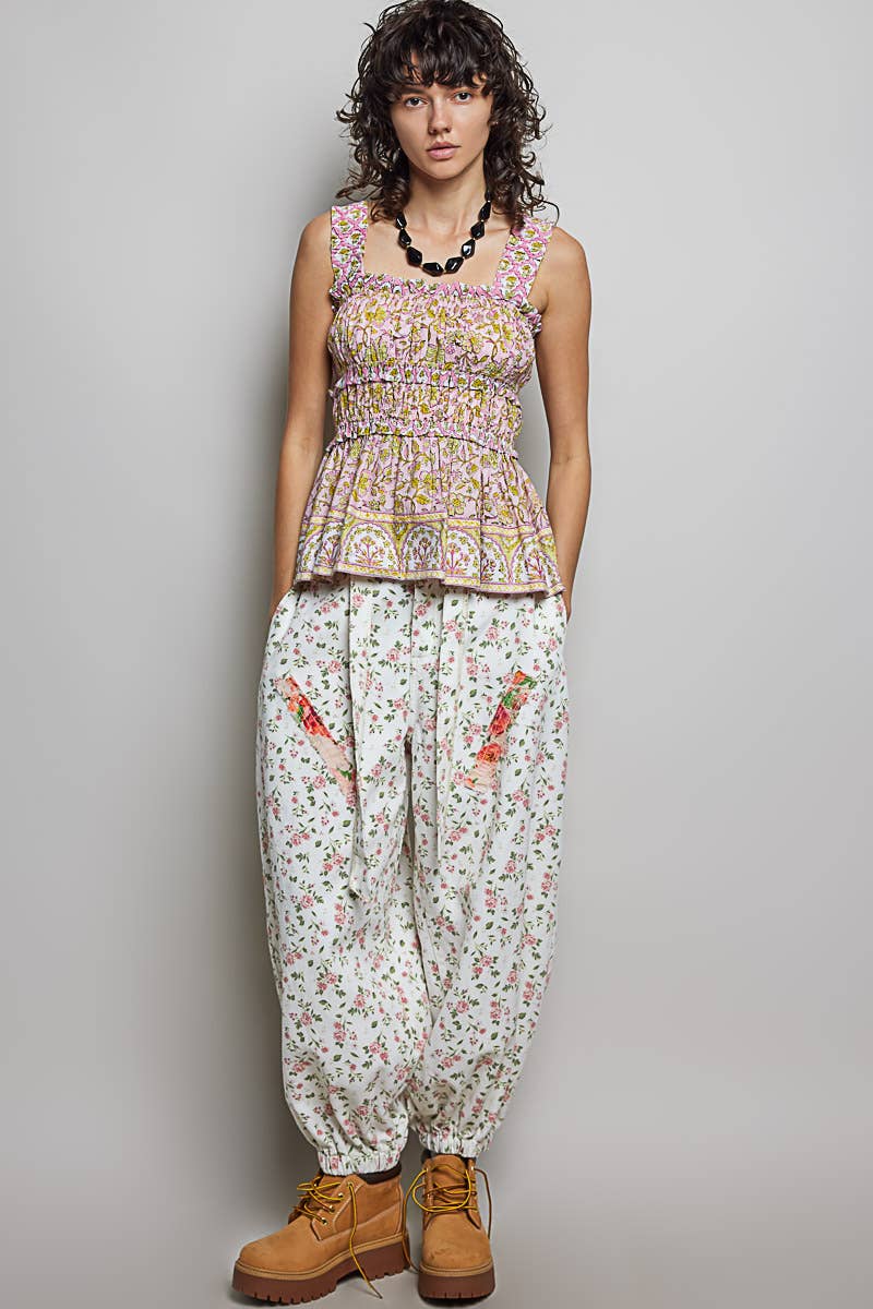 Square Neck Sleeveless Printed Ruffle Dress Woven Top