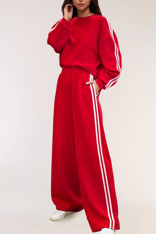 Striped Detail Pullover Elastic Sweatpants 2pcs Outfit