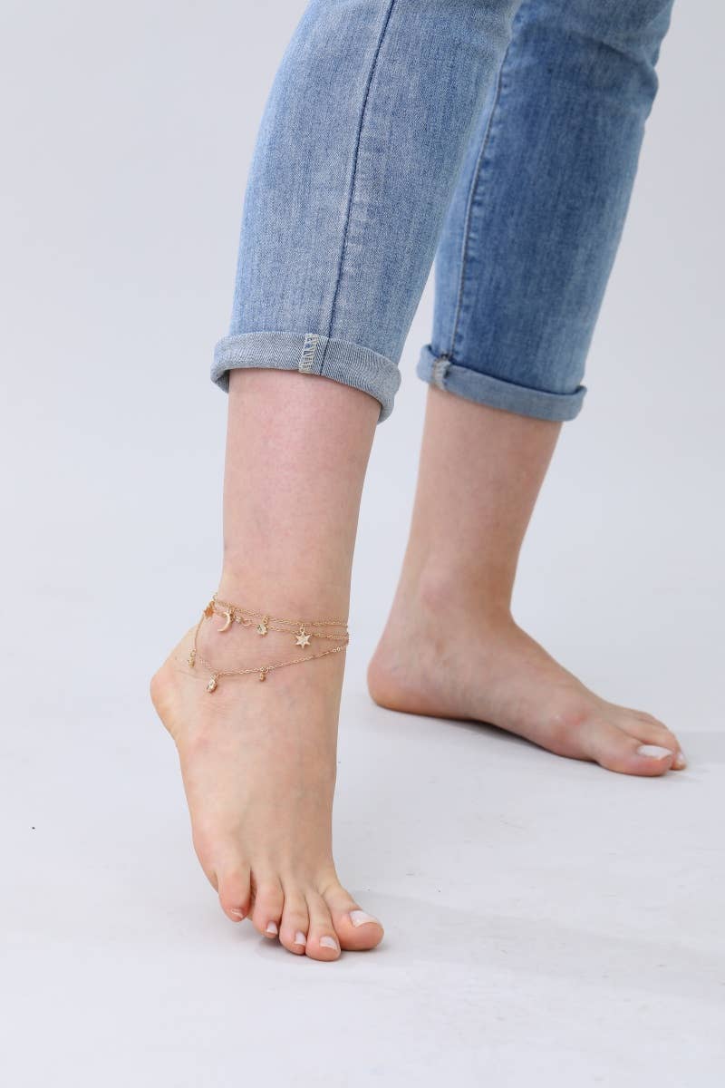 Celestial Charm Layered Anklet - Sparkling Star & Moon Dangl: Silver