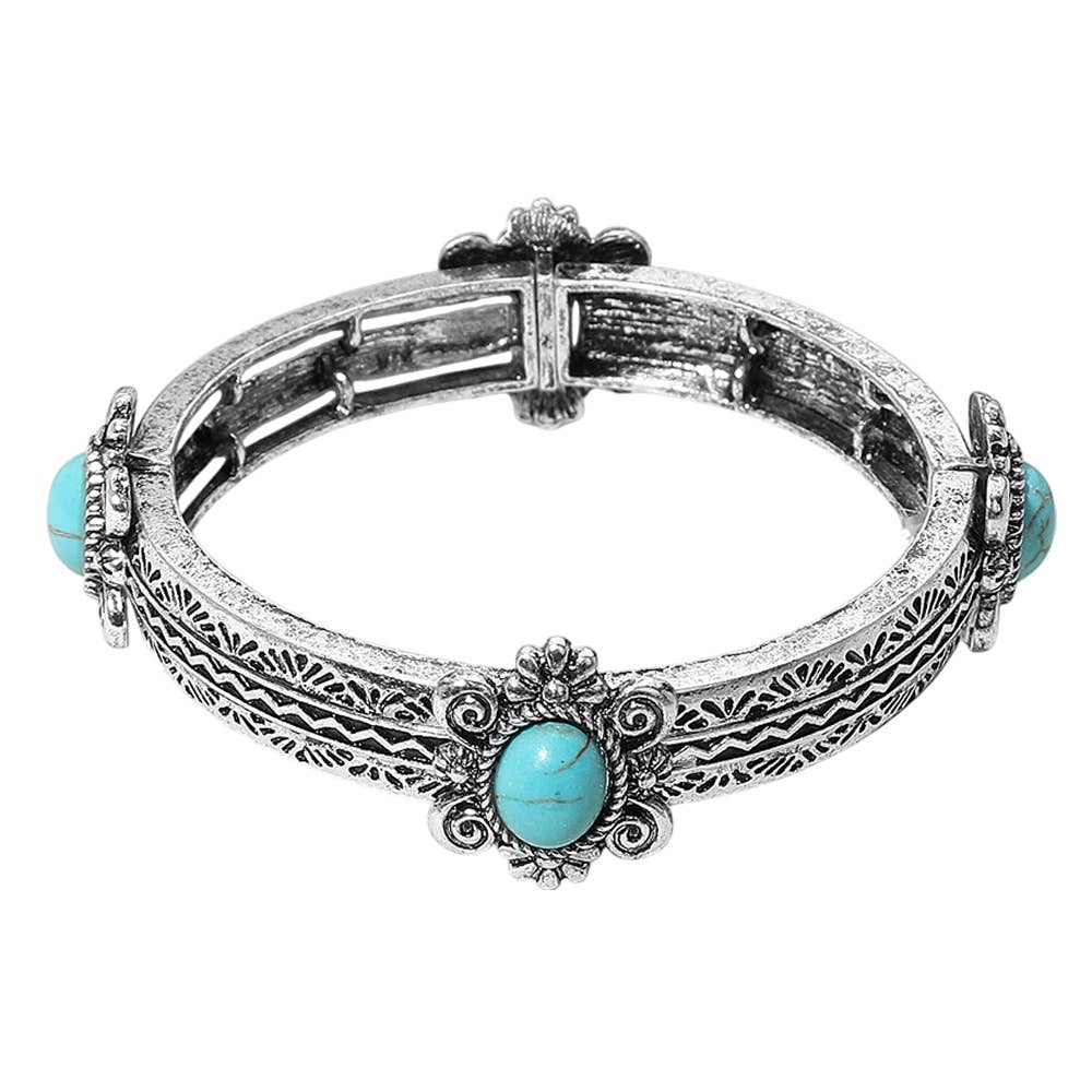 Western Oval Turquoise Stone Antique Metal Stretch Bracelet