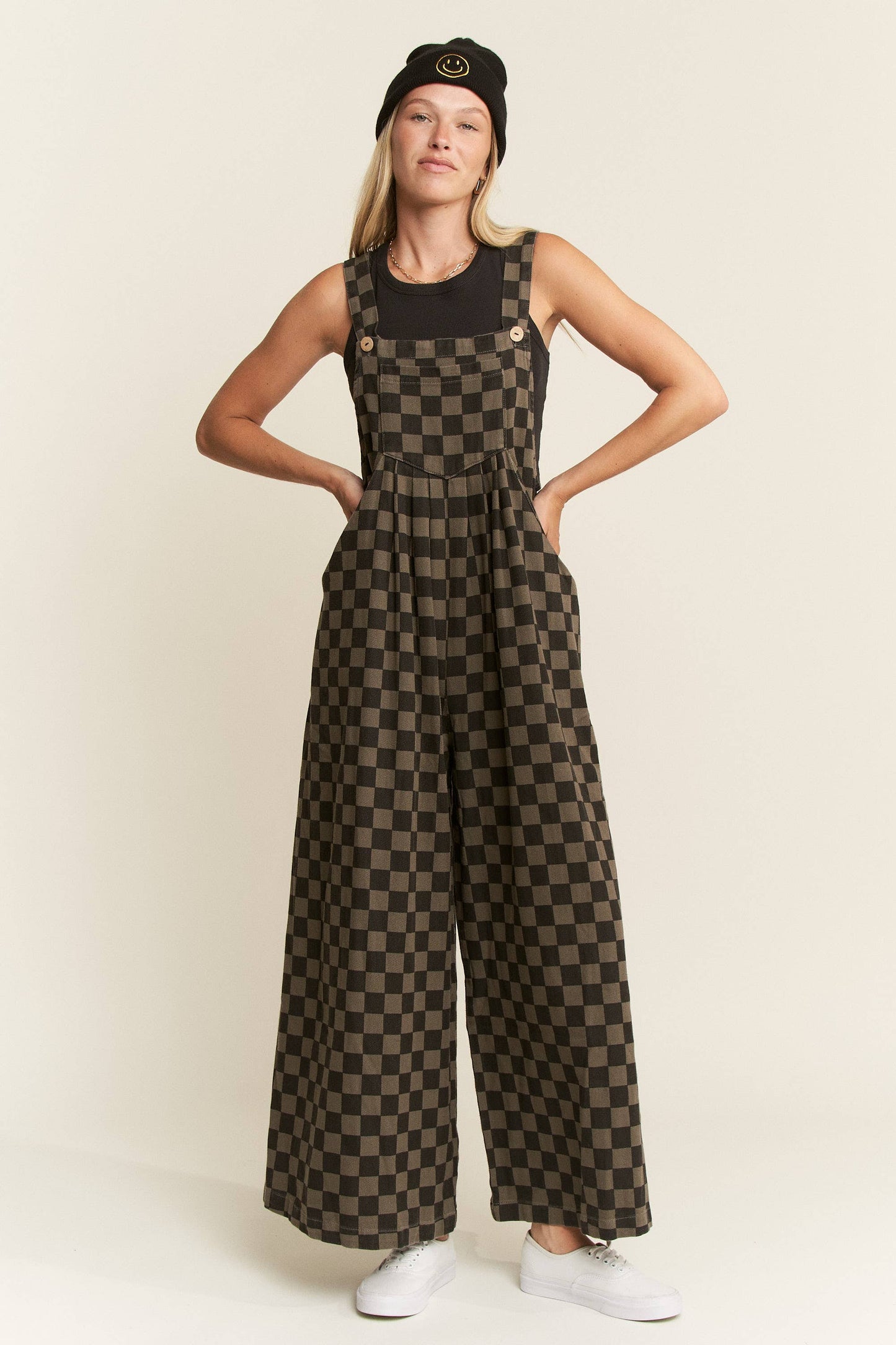 CHECKERED WIDE LEG OVERALLS