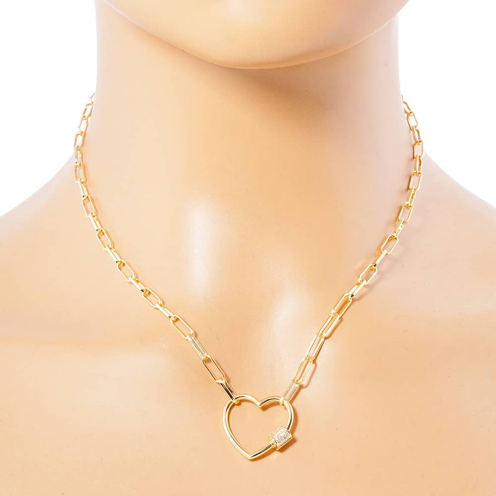 Gold Dipped CZ Open Heart Carabiner Pendant Chain Necklace: Yellow Gold
