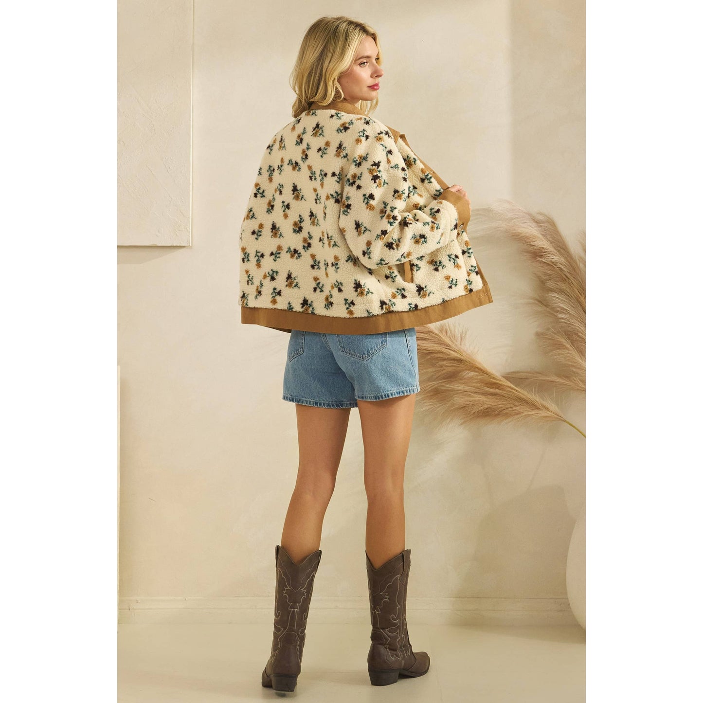 Printed Contrast Button Down Sweater: Brown / M