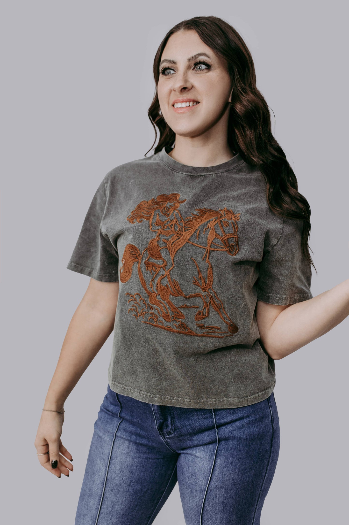 MK639 Cowgirl Embroidery Acid Washed Tee