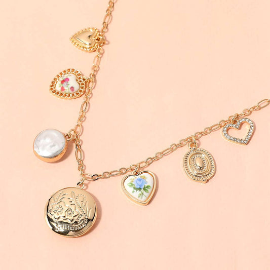 Elegant Floral Locket Heart Pearl Bezel Charm Necklace
