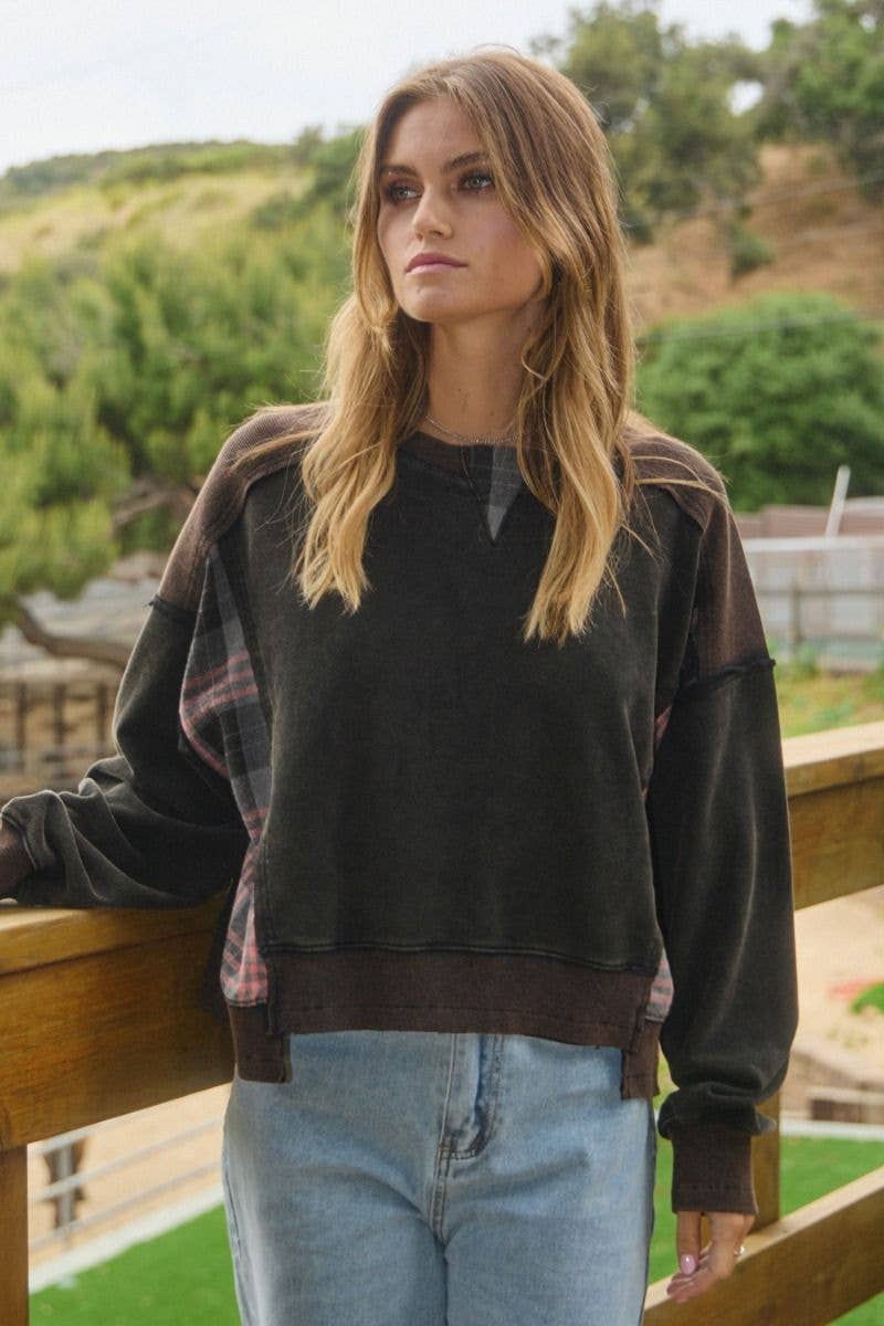 Acid Washed Plaid Sweatshirts: Washed Black / M