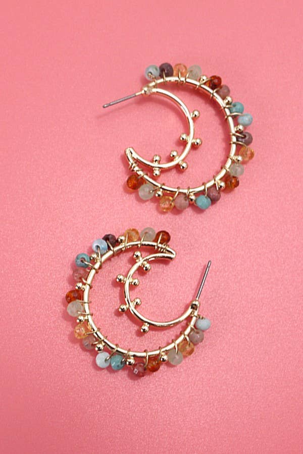 MULTI BEADED STONE HOOP EARRINGS | 80E5007: Gold