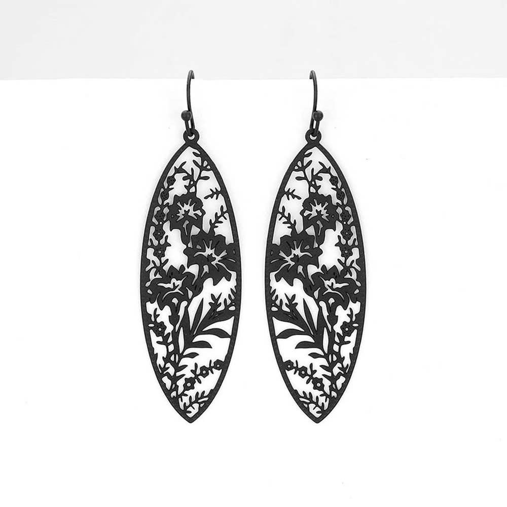 Filigree Flower Leaf Detailed Brass Metal Marquise Dangle Earrings