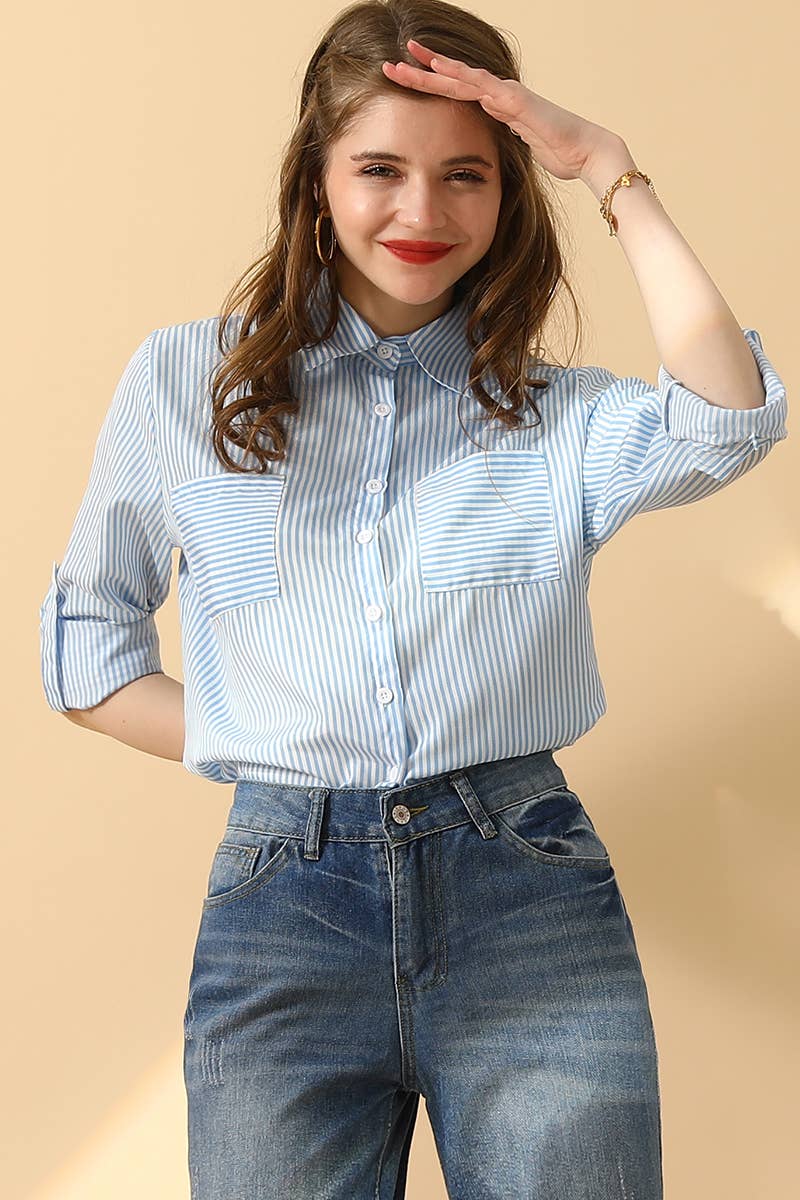 Striped Button Down Long Sleeve Collared Shirts