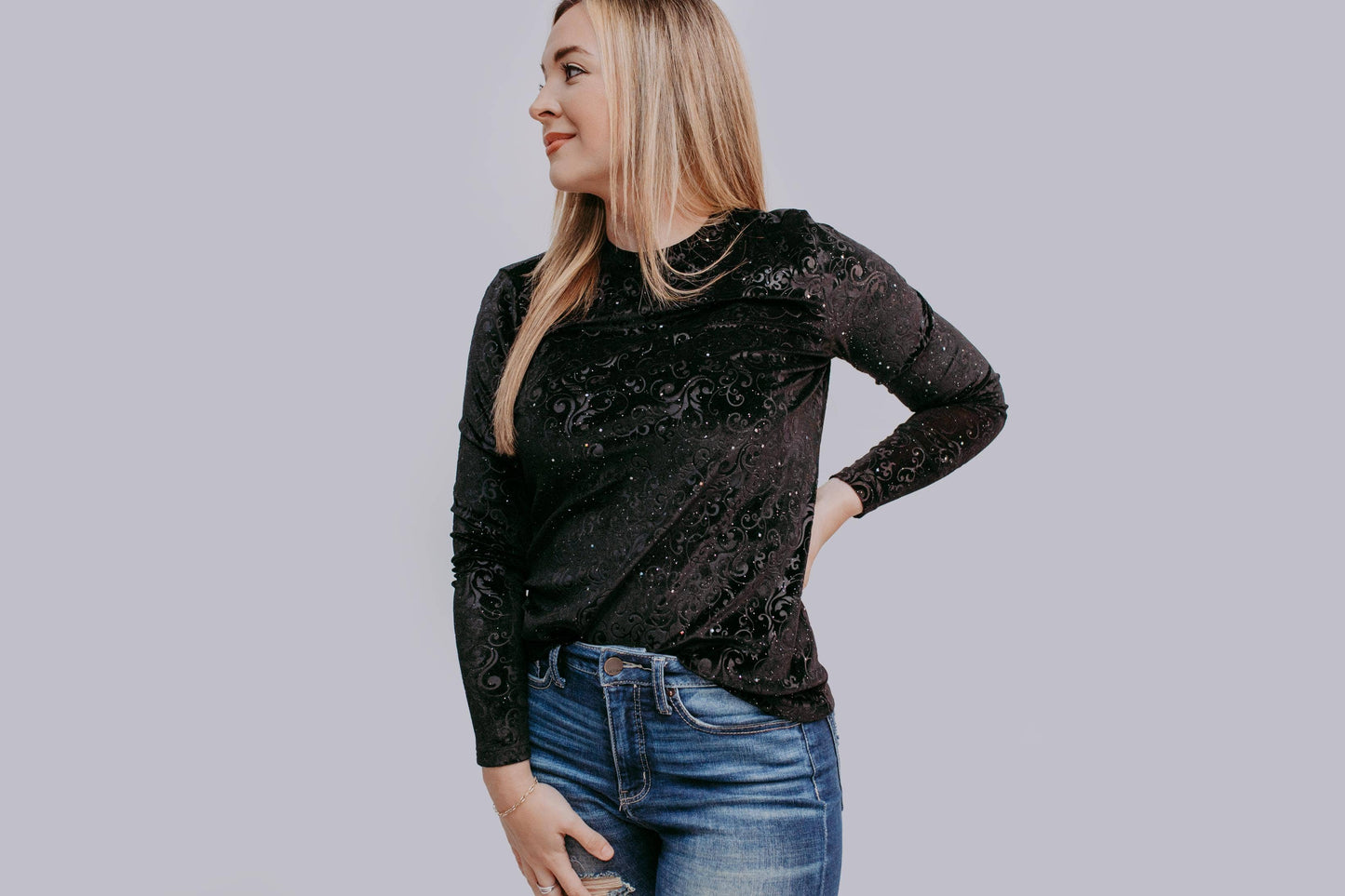 MK414 Tooled leather Velvet Mesh Top